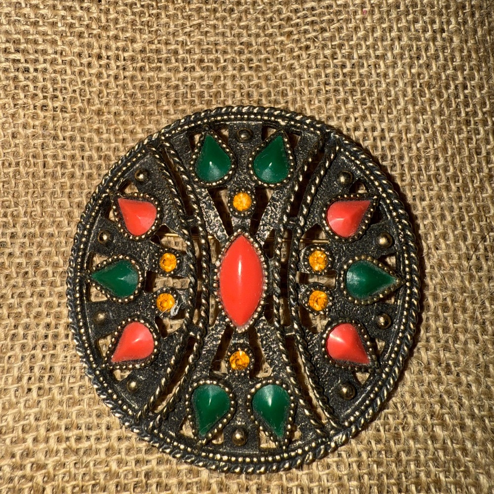 Vintage Emmons Brooch with Red and Green Accents